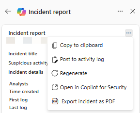 Skärmbild av ytterligare åtgärder i resultatkortet för incidentrapporten.
