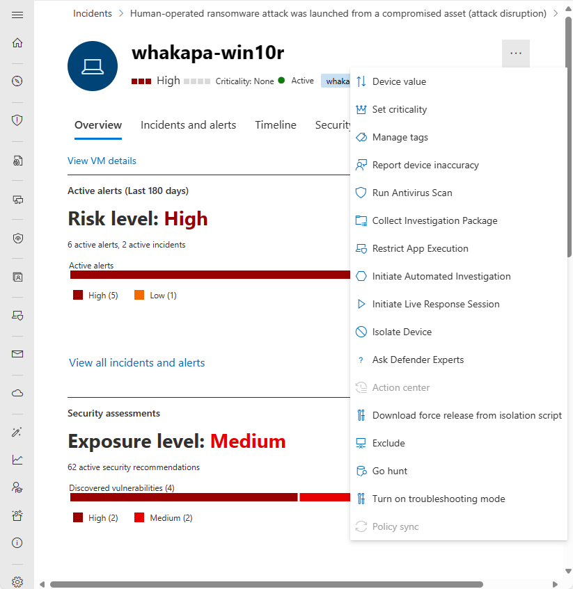Skärmbild av åtgärdsfältet för enhetsentitetssidan i Microsoft Defender-portalen.