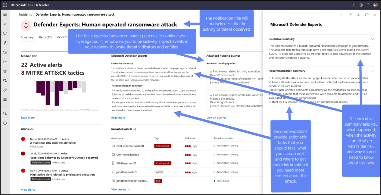 Skärmbild av ett meddelande från Defender-experter i Microsoft Defender XDR. Ett Defender-expertmeddelande innehåller en rubrik som beskriver det hot eller den aktivitet som observerats, en sammanfattning och en lista över rekommendationer.