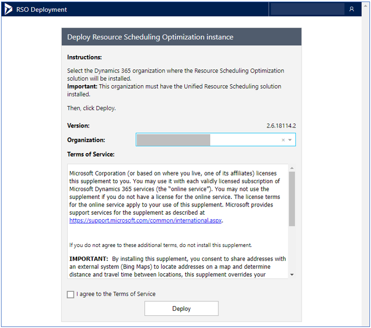 Skärmbild av sidan Distribuera Resource Scheduling Optimization-instans.