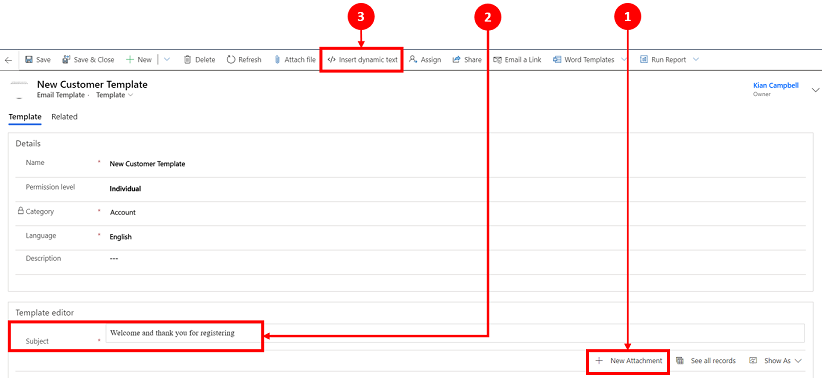 Skärmbild av standard e-postmallredigeraren med en tom mall som är öppen för redigering.