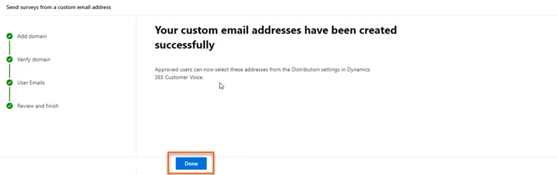 Anpassad e-postadress läggs till i Customer Voice.