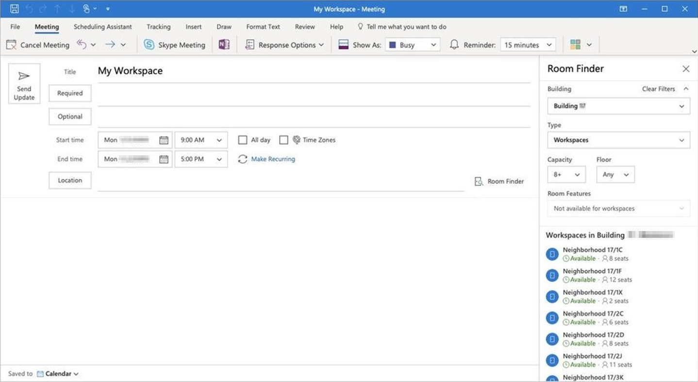 Skärmbild av arbetsytan i Outlook för Windows.