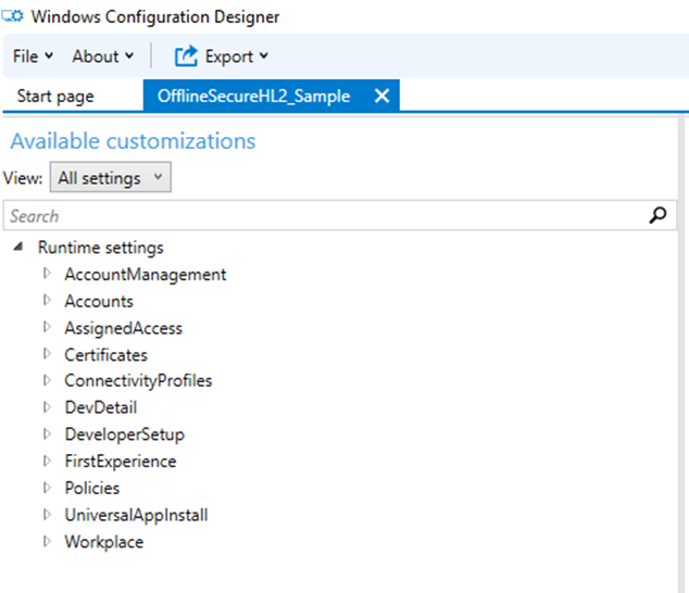 Skärmbild av konfigurationspaketet som är öppet i WCD.