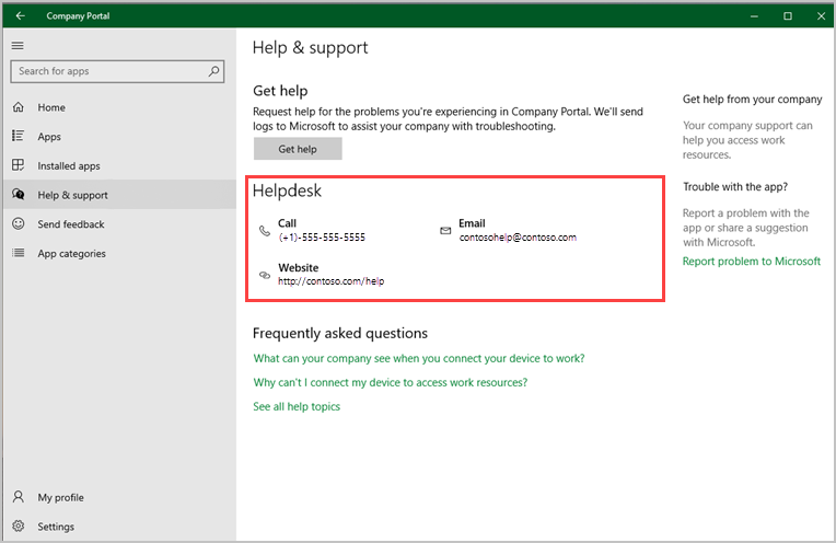 Skärmbild av Företagsportal app för Windows, sidan Hjälp & support, med hjälpavsnittet Support.