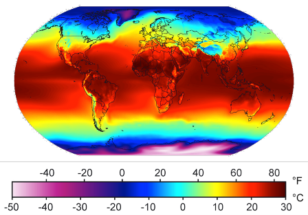 Global average temperature map from Wikipedia, 2014.