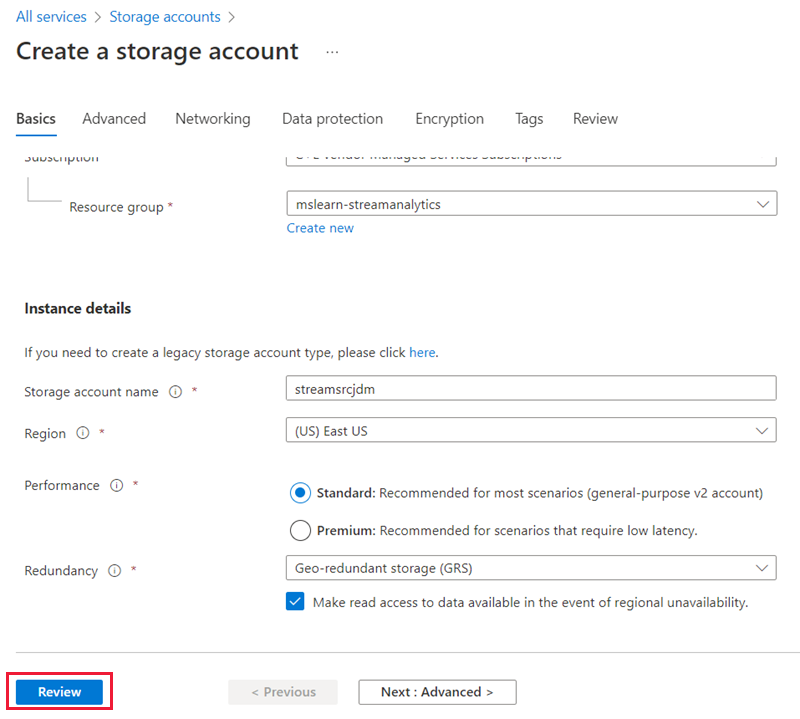 Screenshot showing how to create a storage account named streamsrc.