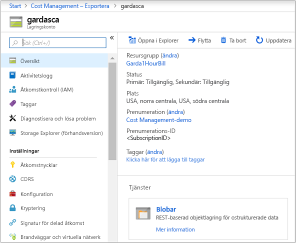 Screenshot of storage account page showing example information and link to Open in Explorer.