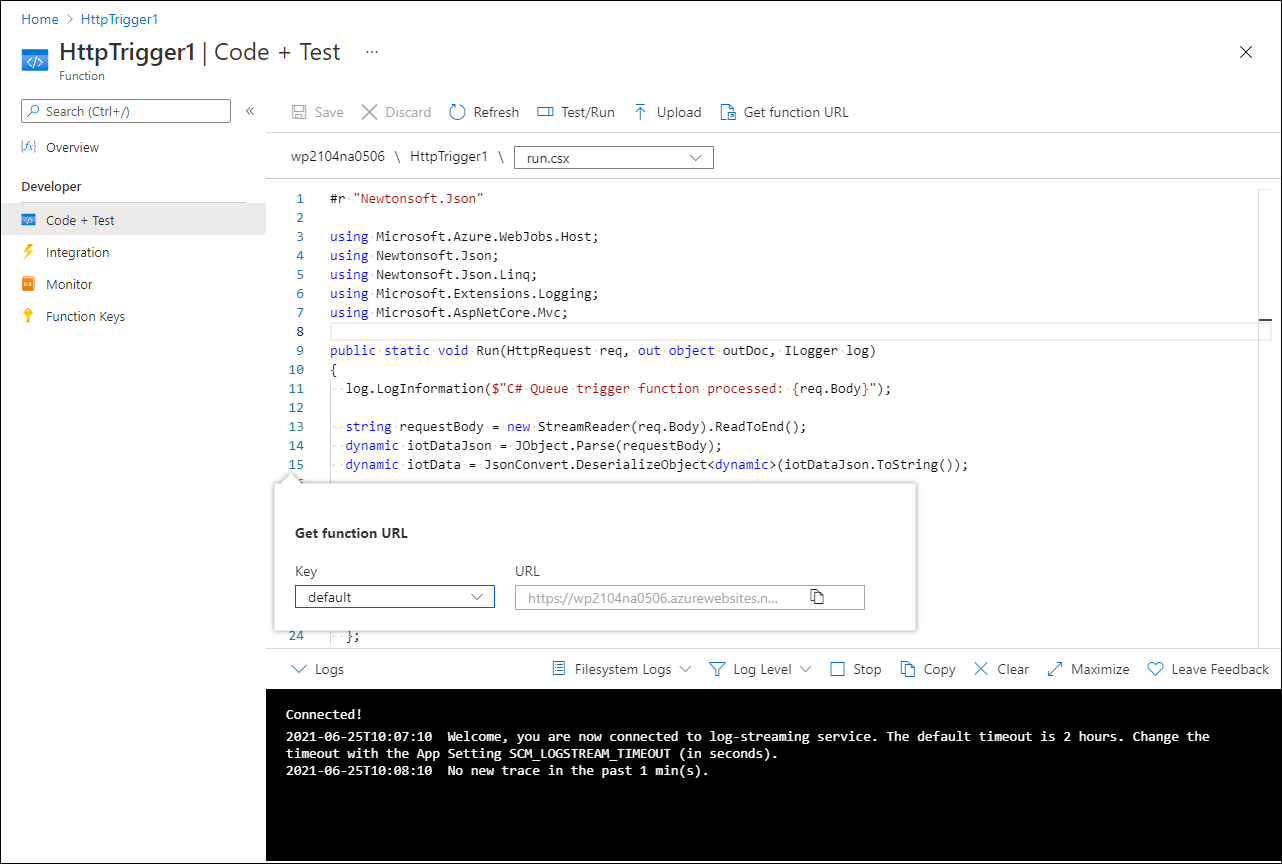 Screenshot of the Code + Test pane of the HttpTrigger1 of the Azure Function app in the Azure portal, with the Get function URL pop-up window.
