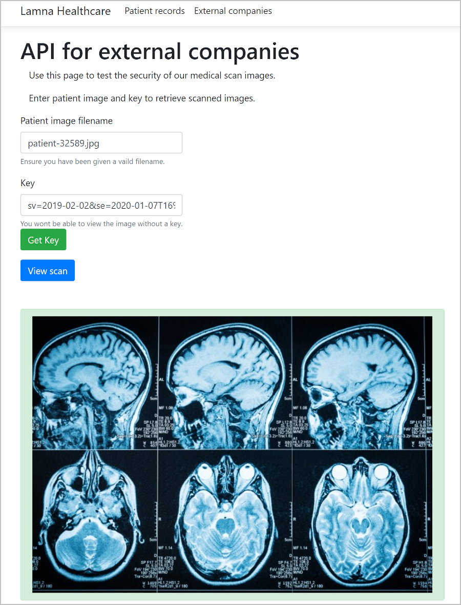 Screenshot of API for external companies showing a patient's image.