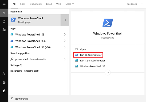 Screenshot of Windows PowerShell desktop app with Run as Administrator highlighted.