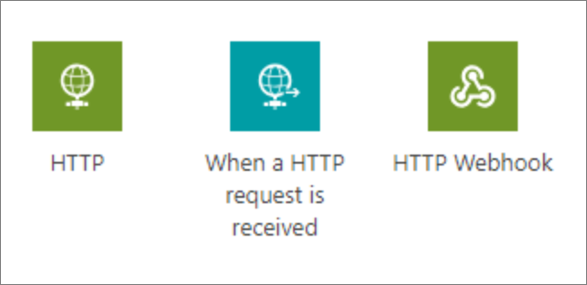 Screenshot of H T T P, When a H T T P request is received, and H T T P Webhook.
