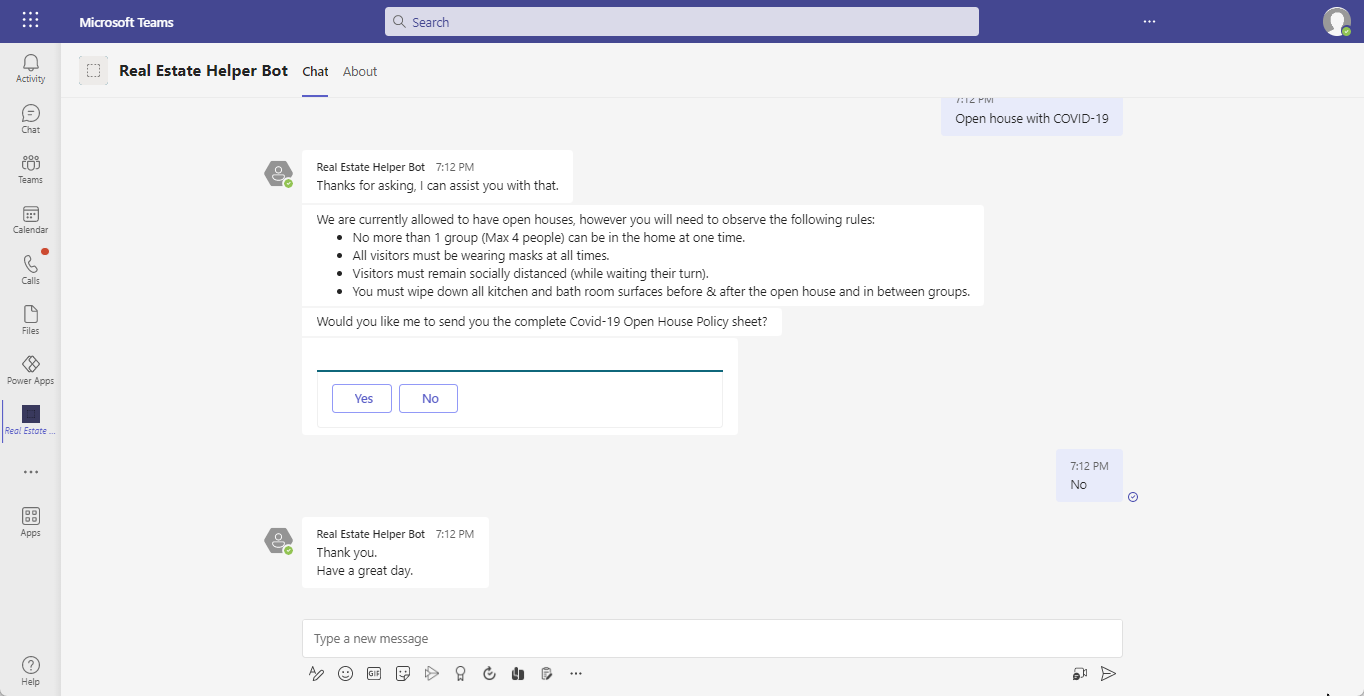 Screenshot of chatbot within Microsoft Teams.