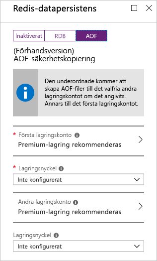 Skärmbild av Azure-portalen med alternativen för AOF-persistens på en ny Redis Cache-instans.