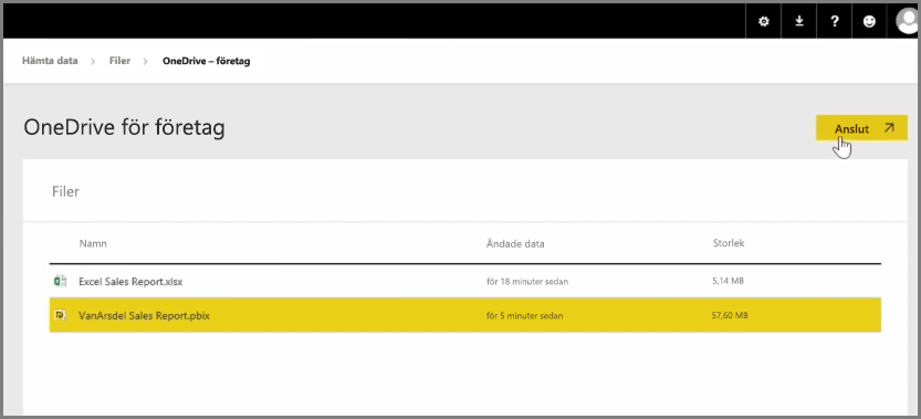 Skärmbild av OneDrive för företag att välja en PBIX-fil.