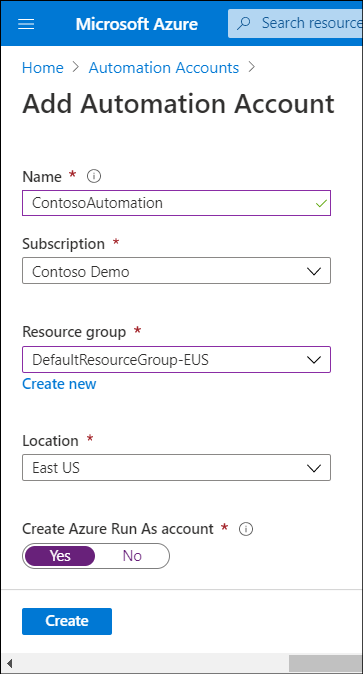 A screenshot of the Add Automation Account blade in the Azure portal. The account name is ContosoAutomation.