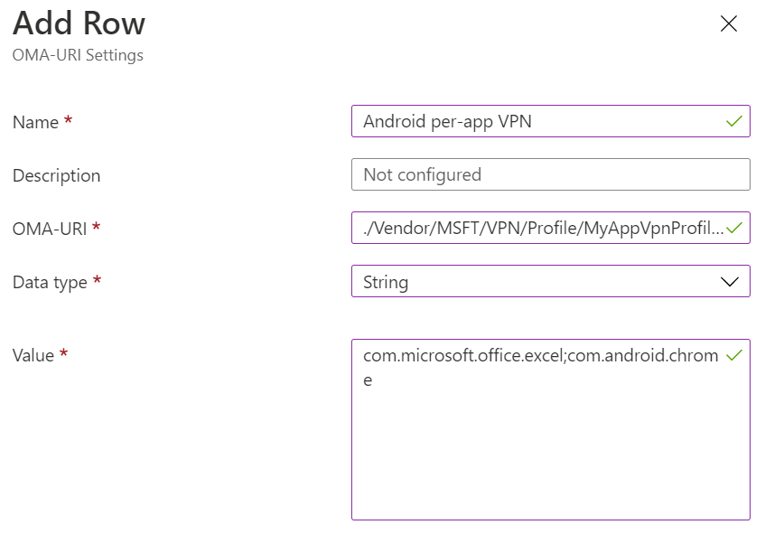 Skärmbild som visar anpassad princip för Android-enhetsadministratör per app-VPN i Microsoft Intune.