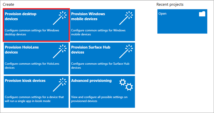 Skärmbild av att välja Etablera skrivbordsenheter i Windows Configuration Designer-appen