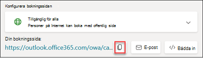 Skärmbild: Kopiera Bookings sidans URL så att du kan lägga till ett kampanj-ID för marknadsföring