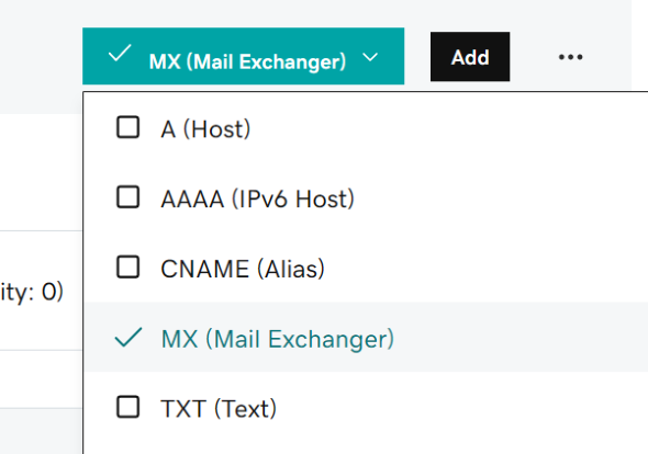 Den nedrullningsbara menyn visar MX-posten markerad.
