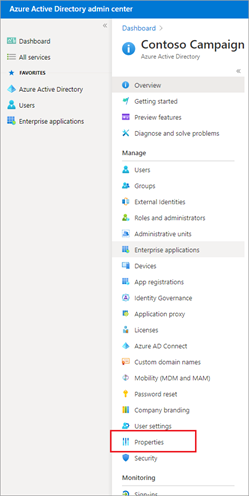 Skärmbild av administrationscenter för Azure Active Directory som visar platsen för menyalternativet Egenskaper.