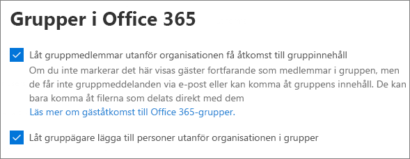 Skärmbild av Microsoft 365-grupper gästinställningar i Administrationscenter för Microsoft 365.