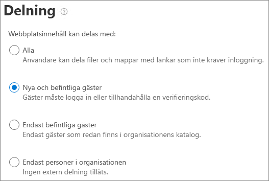 Skärmbild av inställningar på webbplatsnivå för extern delning för SharePoint.