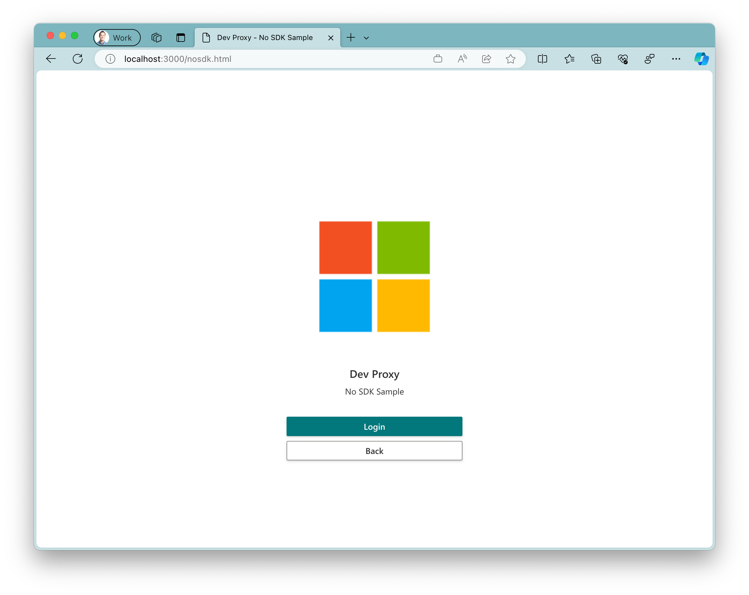 Skärmbild av exempelappen som körs i Microsoft Edge-webbläsaren på Windows 11. Appen visar en stor Microsoft-logotyp med två knappar under. En primär knapp med texten 