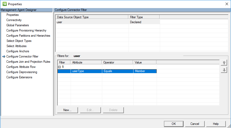 Skärmbild som visar sidan Konfigurera anslutningsfilter med filter för användaren valda och en O K-knapp.