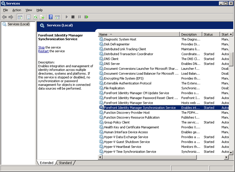 Skärmbild av tjänstkonsolen som visar Synkroniseringstjänsten för Forefront Identity Manager.