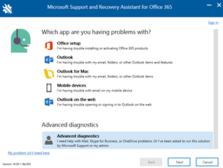 Skärmbild av sidan Microsoft Support och Återställningsassistenten.