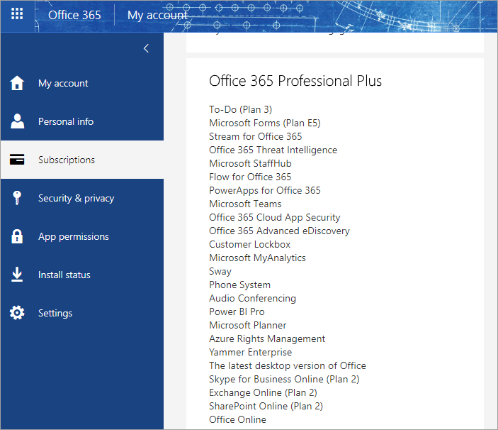 Skärmbild som visar den senaste skrivbordsversionen av Office när du har valt prenumerationer.