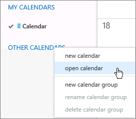 Skärmbild som visar att alternativet öppna kalender är vald.