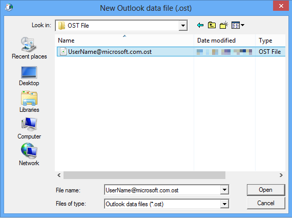 Skärmbild av fönstret Ny Outlook-datafil som visar den nya .ost-filen.