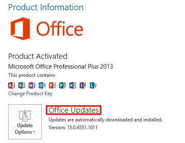 Skärmbild som visar Office Uppdateringar för klicka-och-kör-version.