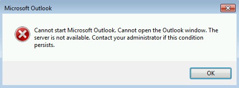 Skärmbild av Det går inte att starta felinformation för Microsoft Outlook.