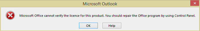Skärmbild av Microsoft Office kan inte verifiera licensen för den här produktfelinformationen.
