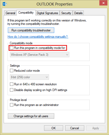 Skärmbild av fliken Kompatibilitet i Outlook-egenskaper i Outlook 2013.