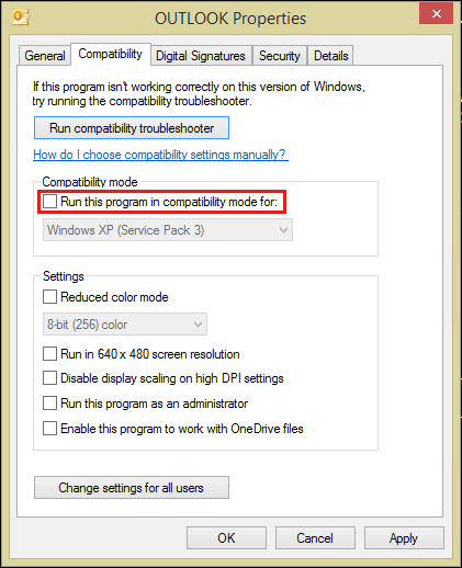 Skärmbild av fliken Kompatibilitet i Outlook-egenskaper i Outlook 2010.
