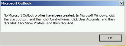 Skärmbild av Inga Microsoft Outlook-profiler har skapats med felinformation.