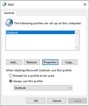 Skärmbild av dialogrutan E-post. Din nuvarande Outlook-profil och knappen Egenskaper är markerade.