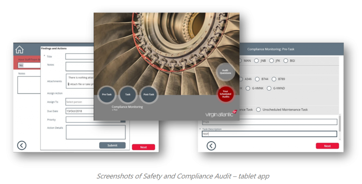 Skärmbilder av Virgin Atlantics granskningsapp för säkerhet och efterlevnad.