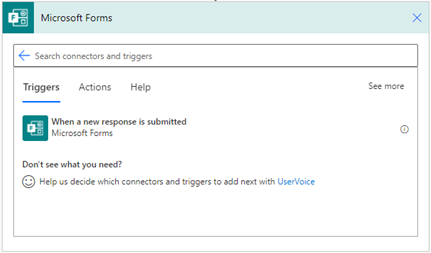 Skärmbild på Microsoft Forms-utlösaren i Power Automate-arbetsytan.