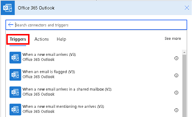 Skärmbild av några av Office 365 Outlook-utlösarna.