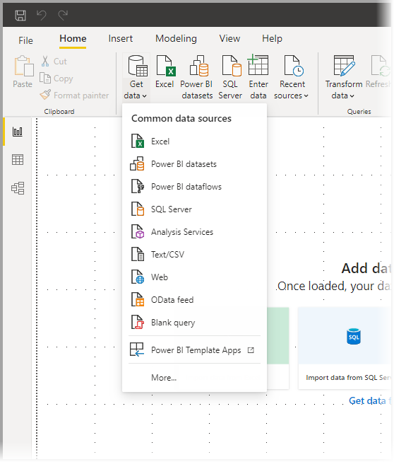 Skärmbild som visar menyn Hämta dataobjekt och Vanliga datatyper i Power BI Desktop.