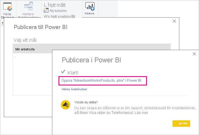 Screenshot of the Publish to Power BI screen.
