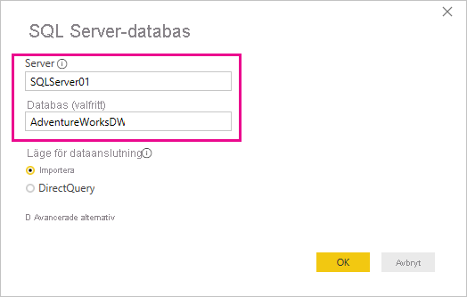 Screenshot of the SQL Server database dialog box.