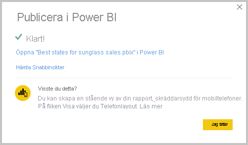Screenshot of Power B I Desktop showing the Publish Success message.
