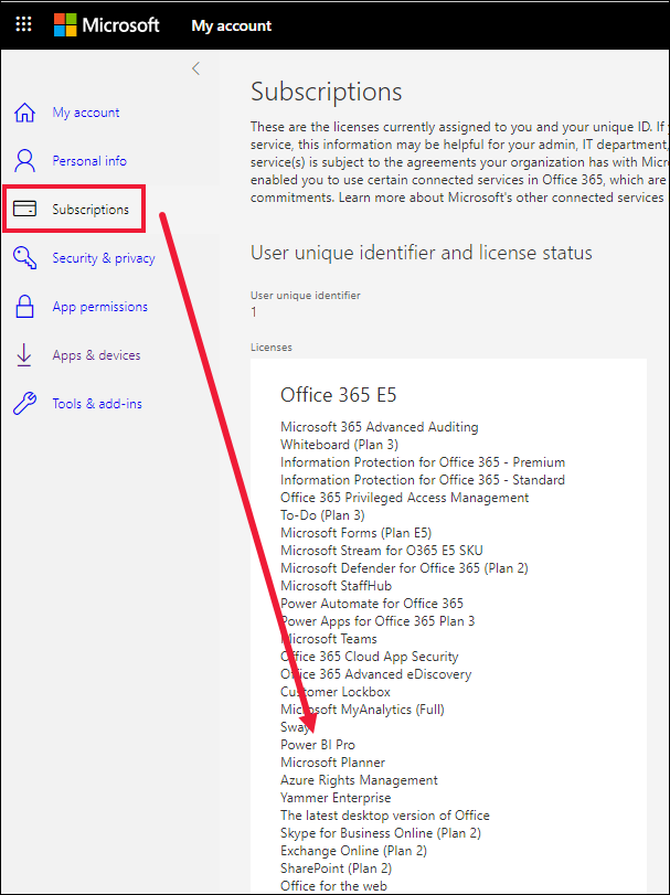 Skärmbild av Office 365 E5-listan över licenser.