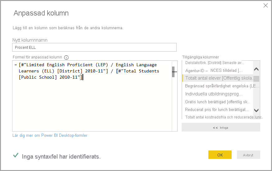 Screenshot of the Custom Column Dialog box showing an example formula.